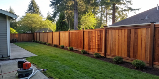 Staining a wooden fence with a sprayer for a smooth, even finish.