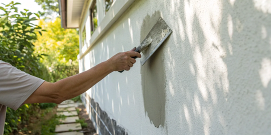 Applying rapid set stucco patch with a trowel for a seamless exterior wall repair.