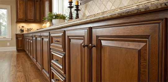 Refinished kitchen cabinet doors with updated hardware.