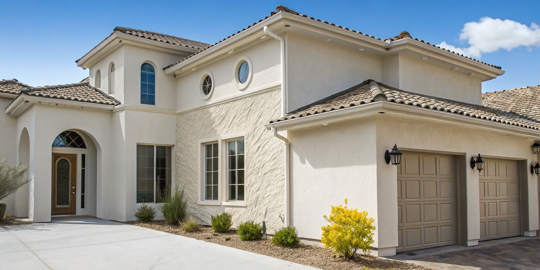 A modern home exterior showing a completed major stucco repair with a fresh finish.