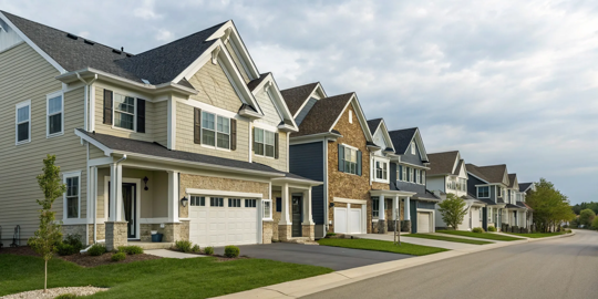 Row of modern homes with the most popular exterior house colors: white, gray, beige, and navy blue.
