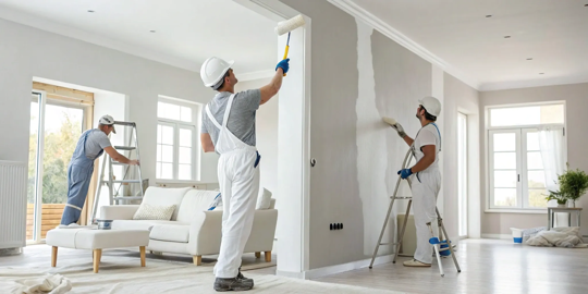 Professional painters painting a whole house interior with rollers.