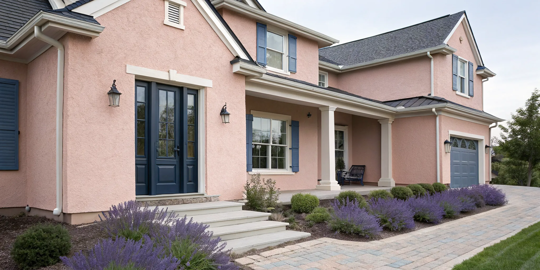A charming pink house exterior with a blue front door, shutters, and garage.