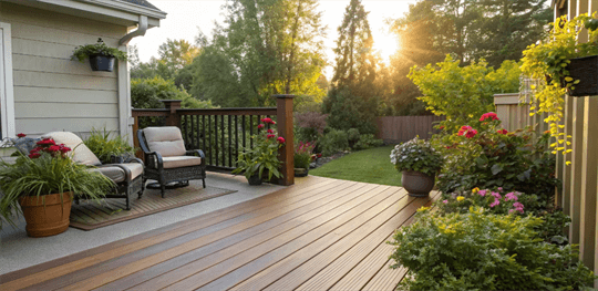 Stained wood deck with outdoor furniture.