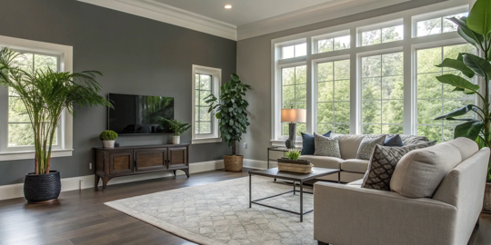 Indoor concrete floor with a neutral gray paint color in a modern living room.