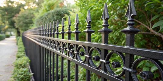 A black wrought iron fence with a flawless finish using the best paint for rust protection.