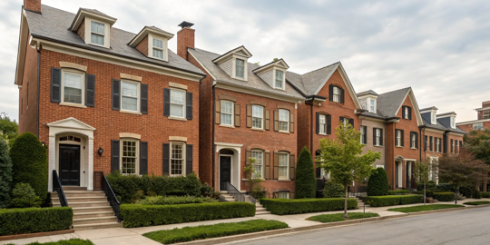 Classic red brick homes featuring well-matched exterior paint colors on trim and shutters.