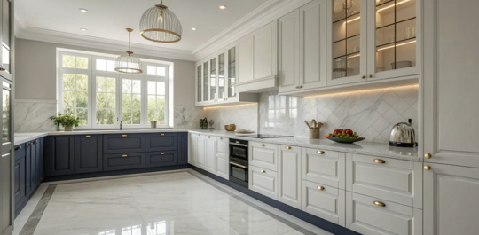 Timeless white and blue kitchen cabinets.