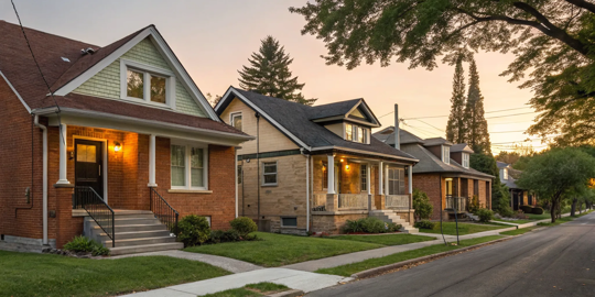 A row of brick bungalows featuring complementary exterior paint colors on trim and porches.