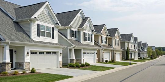 A row of homes with light gray roofs and different house colors, including white, beige, and gray.