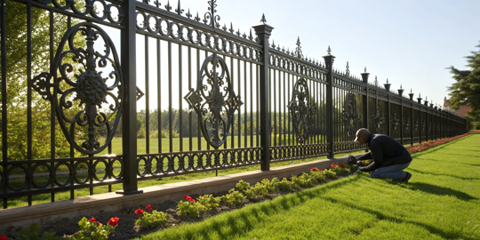 Man painting a black wrought iron fence with a paintbrush.