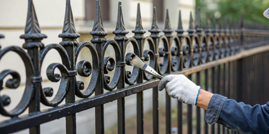 Gloved hand painting a black wrought iron fence for repair.