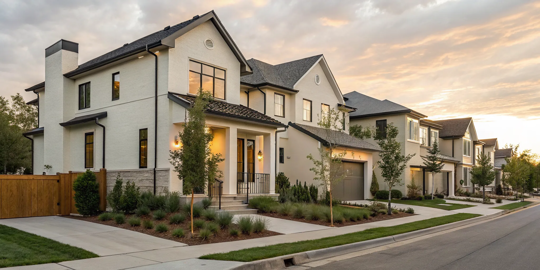 A modern home's exterior painted in a neutral and white palette, one of 2024's best house color schemes.