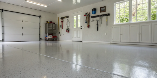 A clean garage with a durable, glossy floor finished with the best garage floor paint.