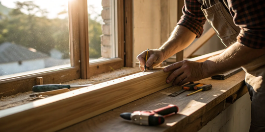 Carpenter preparing to repair dry rot by marking the damaged wood on a window sill.