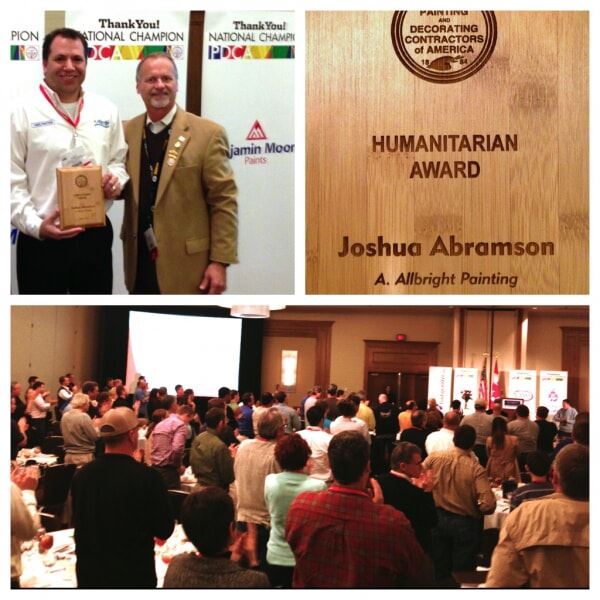 Joshua Abramson receiving PDCA Humanitarian Award and photo of award and crowd
